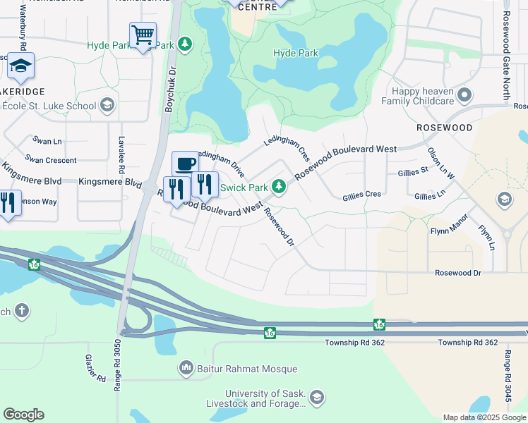 map of restaurants, bars, coffee shops, grocery stores, and more near 102 Pichler Crescent in Saskatoon