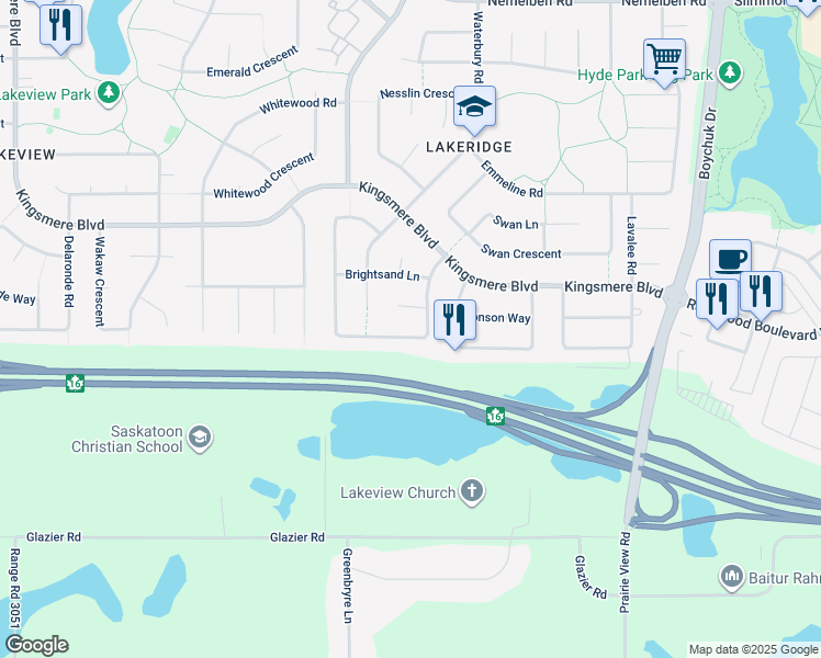 map of restaurants, bars, coffee shops, grocery stores, and more near 659 Brightsand Crescent in Saskatoon