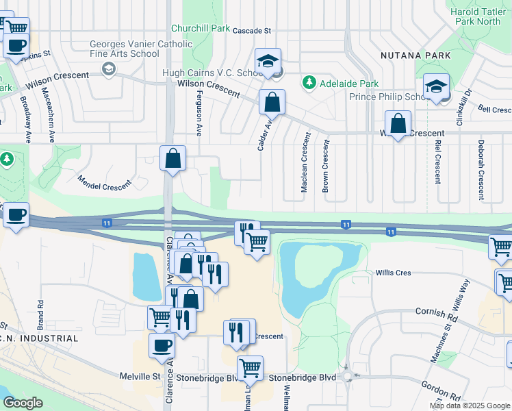 map of restaurants, bars, coffee shops, grocery stores, and more near 3031 Calder Court in Saskatoon
