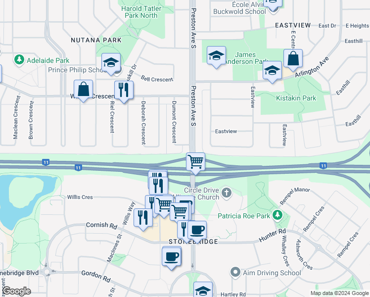 map of restaurants, bars, coffee shops, grocery stores, and more near 74 Dumont Crescent in Saskatoon