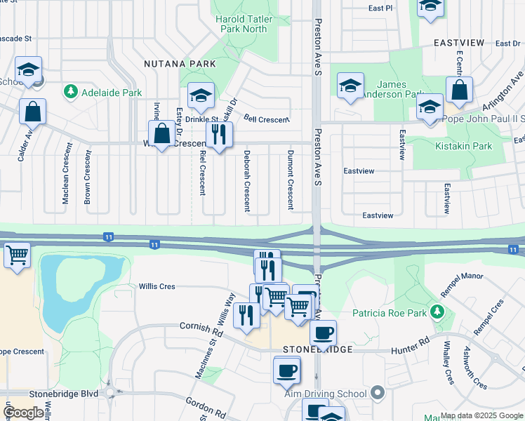map of restaurants, bars, coffee shops, grocery stores, and more near 91 Deborah Crescent in Saskatoon