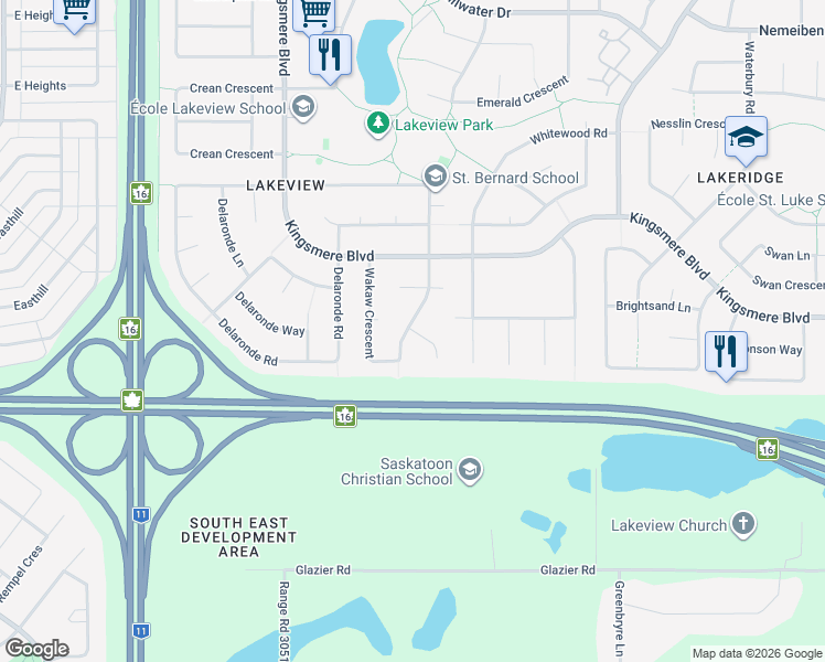 map of restaurants, bars, coffee shops, grocery stores, and more near 406 Wakaw Court in Saskatoon
