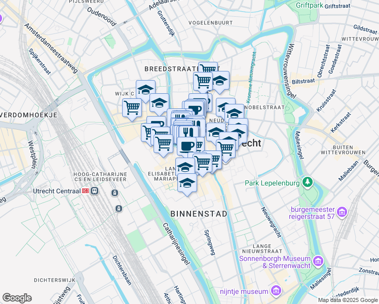map of restaurants, bars, coffee shops, grocery stores, and more near 151 Oudegracht in Utrecht