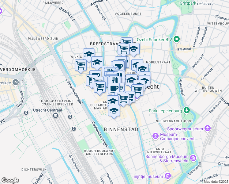 map of restaurants, bars, coffee shops, grocery stores, and more near 151 Oudegracht in Utrecht