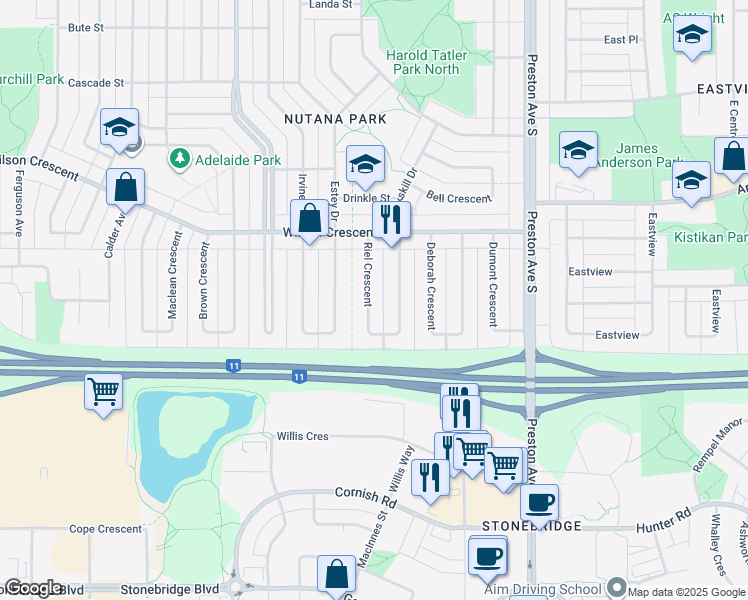 map of restaurants, bars, coffee shops, grocery stores, and more near 39 Riel Crescent in Saskatoon