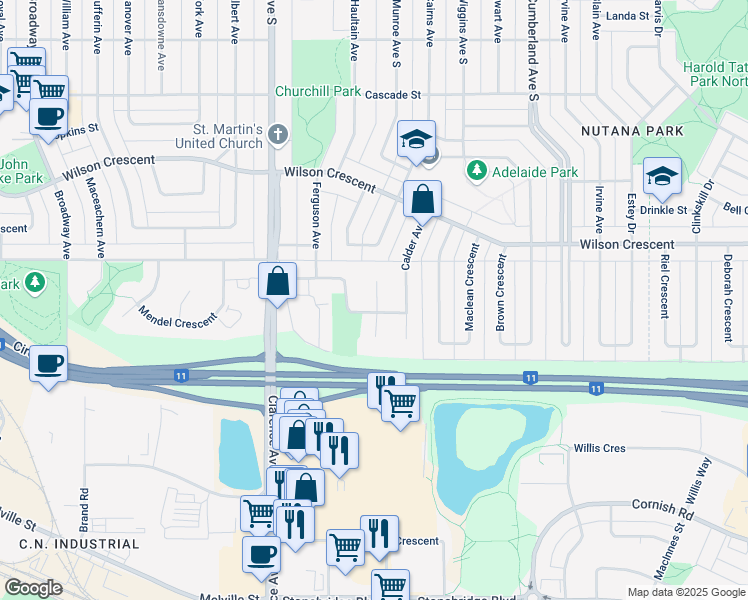 map of restaurants, bars, coffee shops, grocery stores, and more near 3250 Calder Terrace in Saskatoon