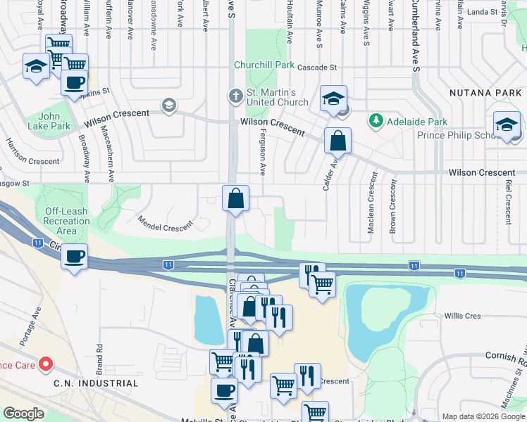 map of restaurants, bars, coffee shops, grocery stores, and more near 3415 Calder Crescent in Saskatoon