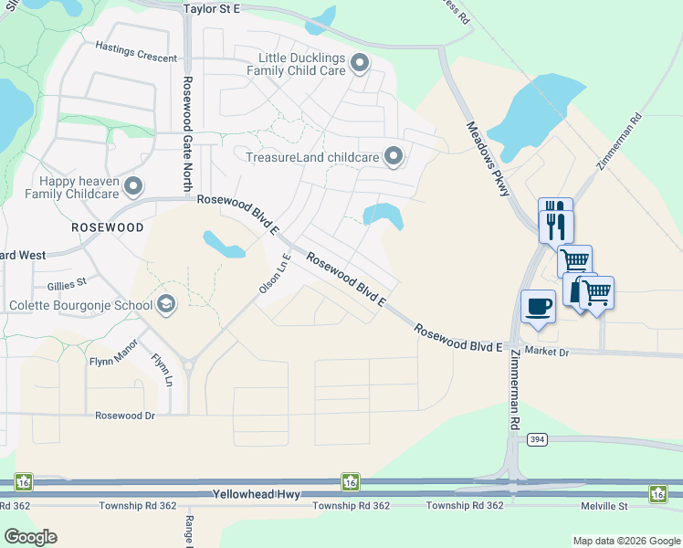 map of restaurants, bars, coffee shops, grocery stores, and more near Rosewood Boulevard East in Saskatoon