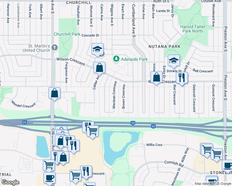 map of restaurants, bars, coffee shops, grocery stores, and more near 130 Maclean Crescent in Saskatoon
