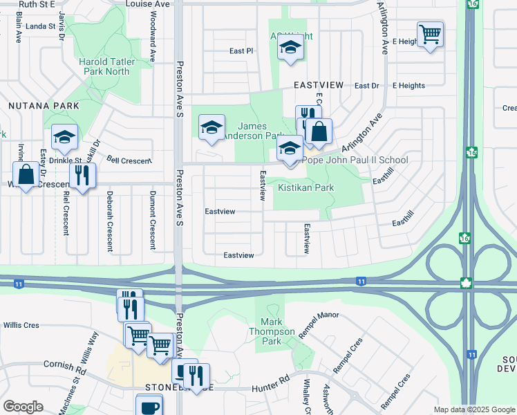 map of restaurants, bars, coffee shops, grocery stores, and more near 2732 Eastview in Saskatoon
