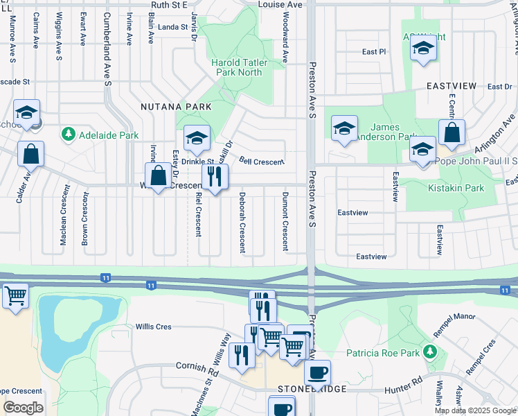 map of restaurants, bars, coffee shops, grocery stores, and more near 131 Deborah Crescent in Saskatoon