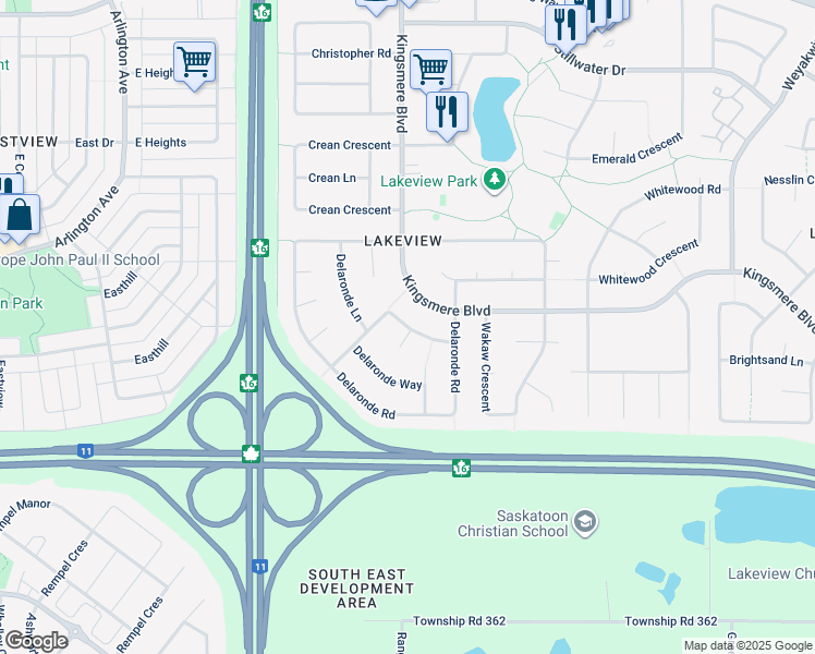 map of restaurants, bars, coffee shops, grocery stores, and more near Delaronde Crescent in Saskatoon