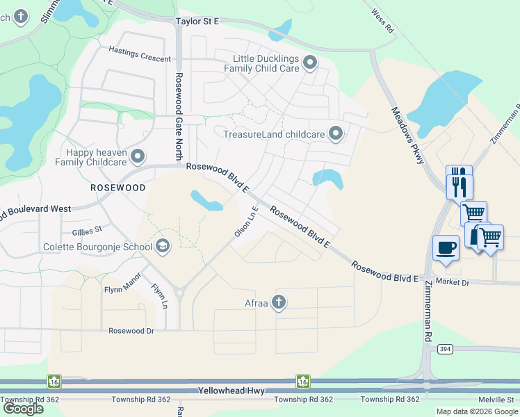 map of restaurants, bars, coffee shops, grocery stores, and more near 194 Rosewood Boulevard East in Saskatoon