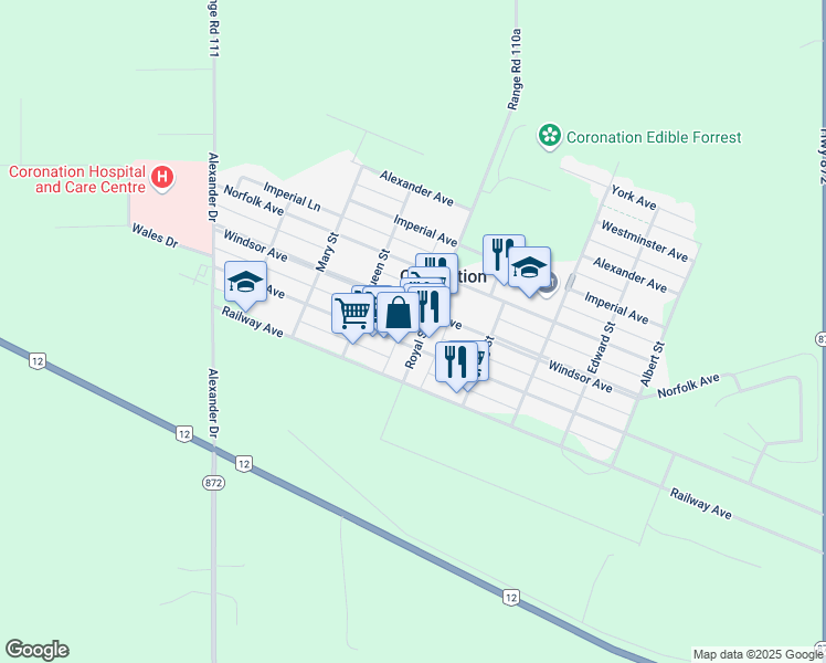 map of restaurants, bars, coffee shops, grocery stores, and more near 4908 Royal Street in Coronation