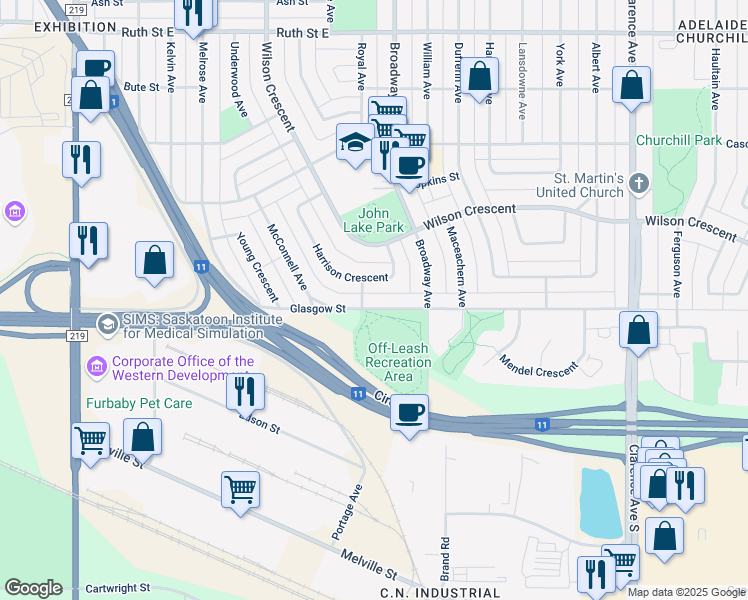 map of restaurants, bars, coffee shops, grocery stores, and more near 46 Harrison Crescent in Saskatoon