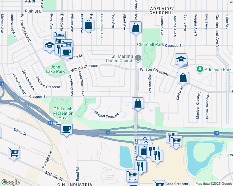 map of restaurants, bars, coffee shops, grocery stores, and more near 907 Glasgow Street in Saskatoon