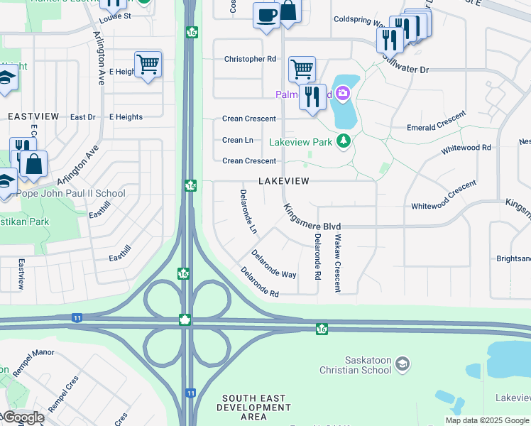map of restaurants, bars, coffee shops, grocery stores, and more near 23 Delaronde Terrace in Saskatoon