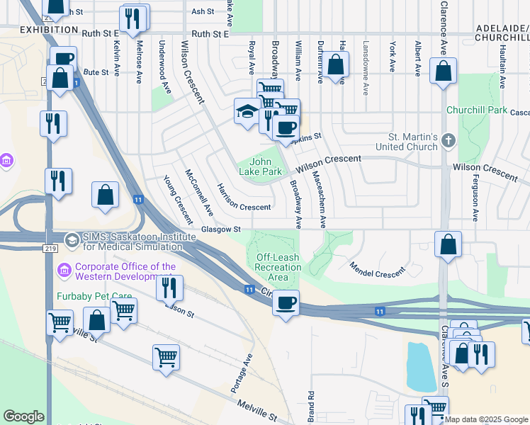 map of restaurants, bars, coffee shops, grocery stores, and more near 46 Harrison Crescent in Saskatoon