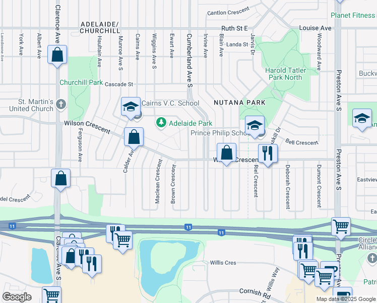 map of restaurants, bars, coffee shops, grocery stores, and more near 20-46 Mackenzie Crescent in Saskatoon