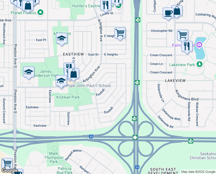 map of restaurants, bars, coffee shops, grocery stores, and more near 2038 Easthill in Saskatoon