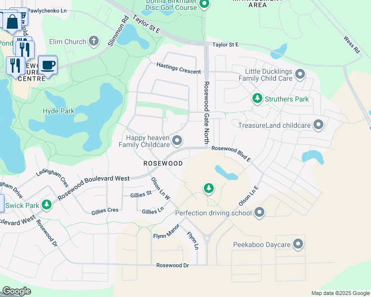 map of restaurants, bars, coffee shops, grocery stores, and more near 235 Rosewood Boulevard West in Saskatoon