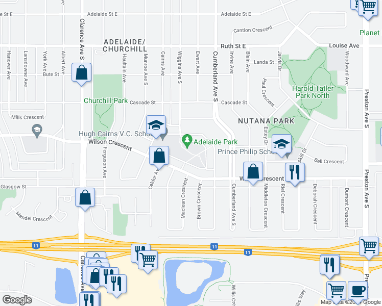 map of restaurants, bars, coffee shops, grocery stores, and more near 20-46 Mackenzie Crescent in Saskatoon