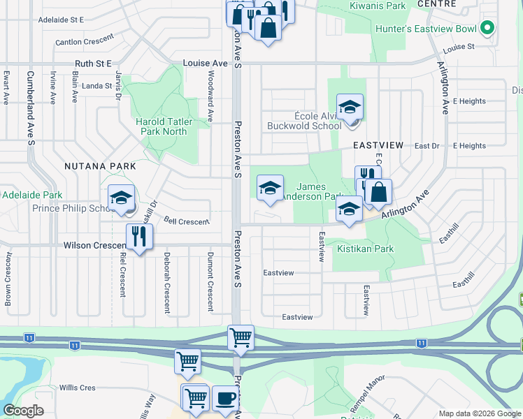 map of restaurants, bars, coffee shops, grocery stores, and more near 3144 Arlington Avenue in Saskatoon