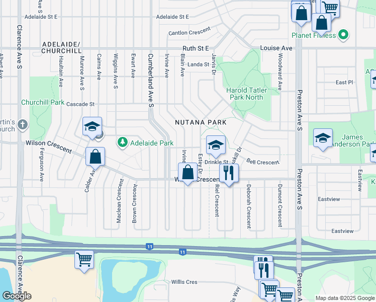 map of restaurants, bars, coffee shops, grocery stores, and more near 2801 Irvine Avenue in Saskatoon