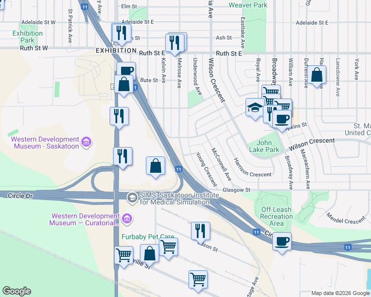 map of restaurants, bars, coffee shops, grocery stores, and more near 2713 Melrose Avenue in Saskatoon