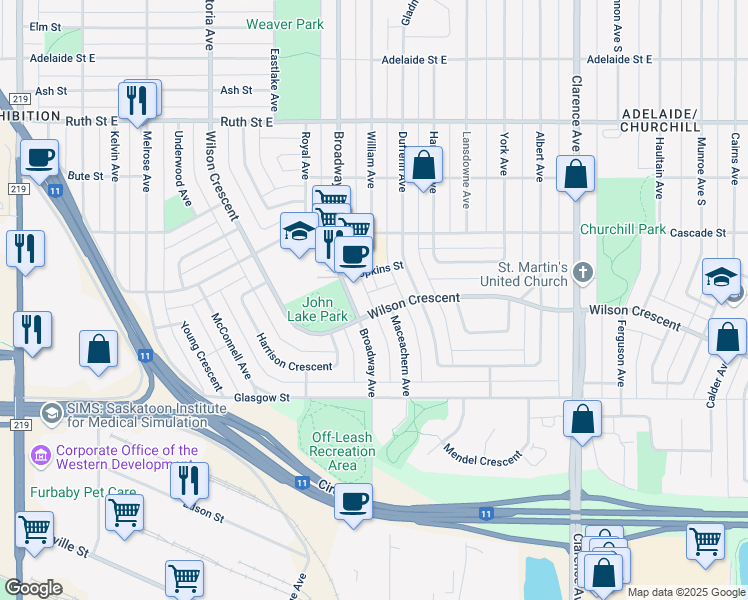 map of restaurants, bars, coffee shops, grocery stores, and more near 601 Wilson Crescent in Saskatoon
