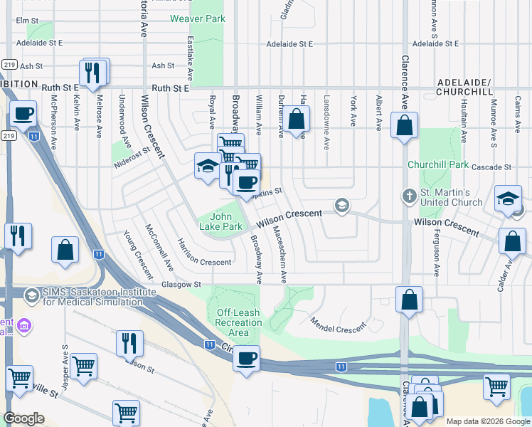 map of restaurants, bars, coffee shops, grocery stores, and more near 605 Wilson Crescent in Saskatoon