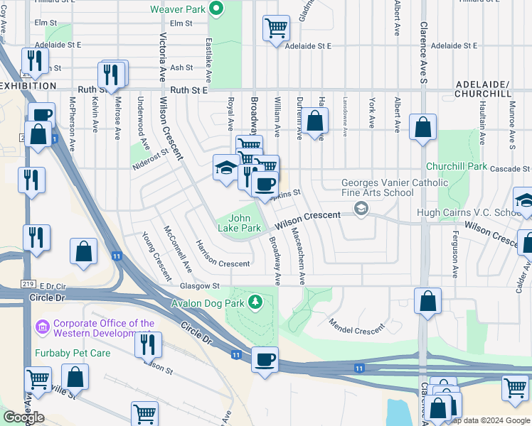 map of restaurants, bars, coffee shops, grocery stores, and more near 2617 Broadway Avenue in Saskatoon