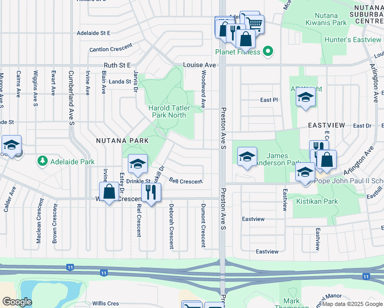 map of restaurants, bars, coffee shops, grocery stores, and more near 2712 Jarvis Drive in Saskatoon