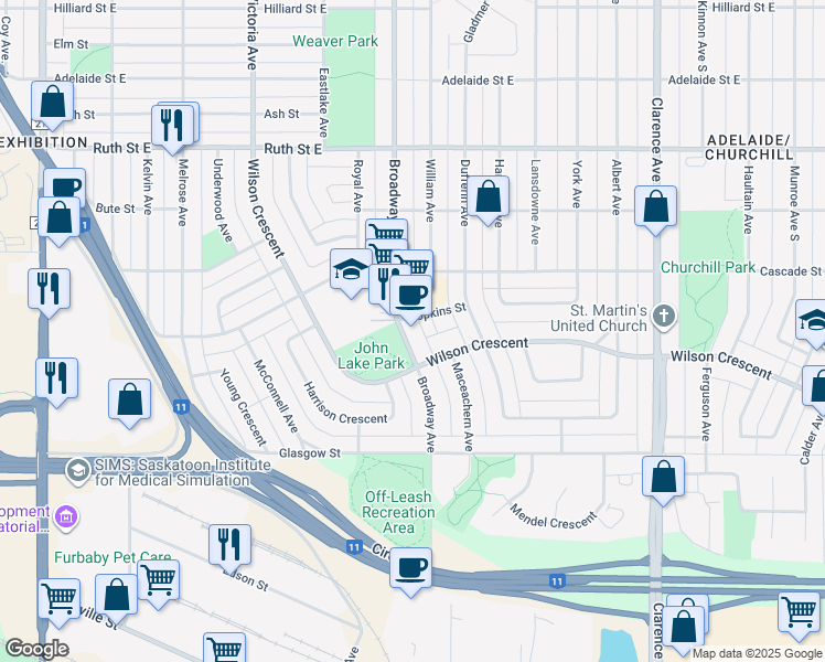 map of restaurants, bars, coffee shops, grocery stores, and more near 2615 Broadway Avenue in Saskatoon