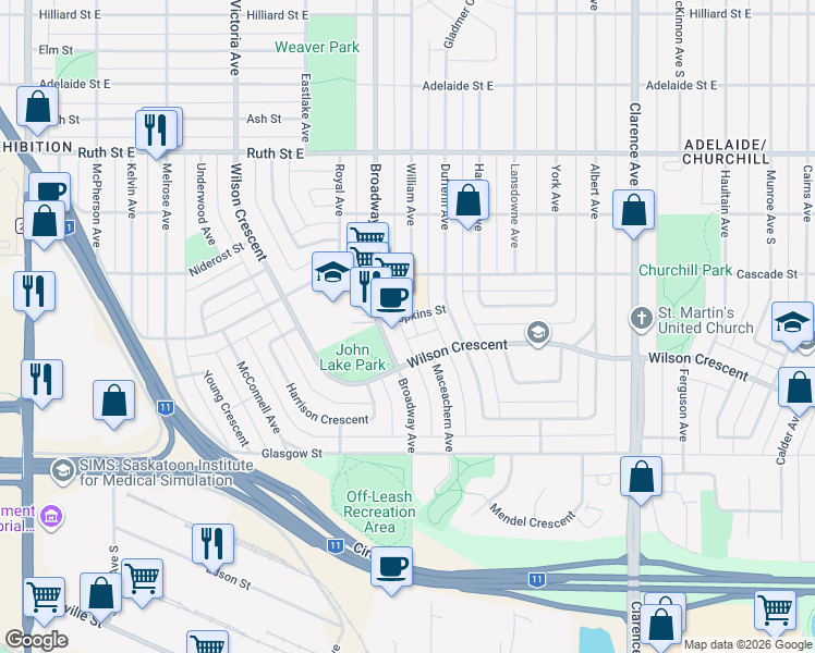 map of restaurants, bars, coffee shops, grocery stores, and more near 602 Hopkins Street in Saskatoon