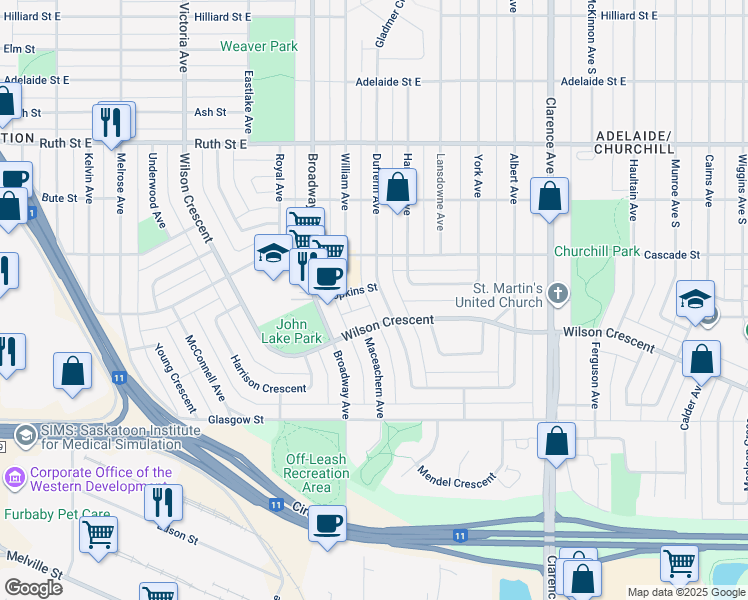map of restaurants, bars, coffee shops, grocery stores, and more near 2614 Dufferin Avenue in Saskatoon