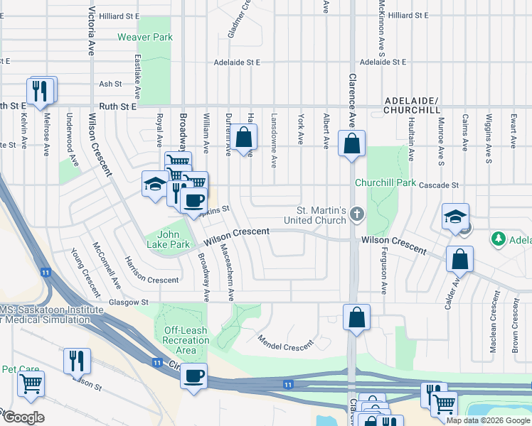 map of restaurants, bars, coffee shops, grocery stores, and more near 5 Mills Crescent in Saskatoon