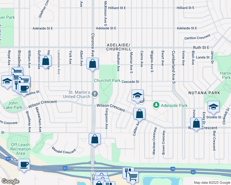 map of restaurants, bars, coffee shops, grocery stores, and more near 2612 Haultain Avenue in Saskatoon
