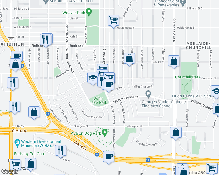 map of restaurants, bars, coffee shops, grocery stores, and more near 2605 Broadway Avenue in Saskatoon