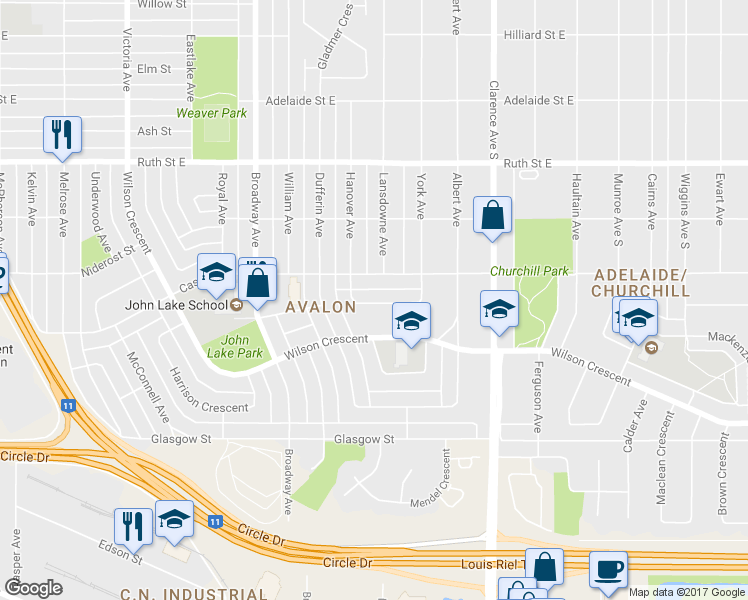 map of restaurants, bars, coffee shops, grocery stores, and more near 5 Mills Crescent in Saskatoon