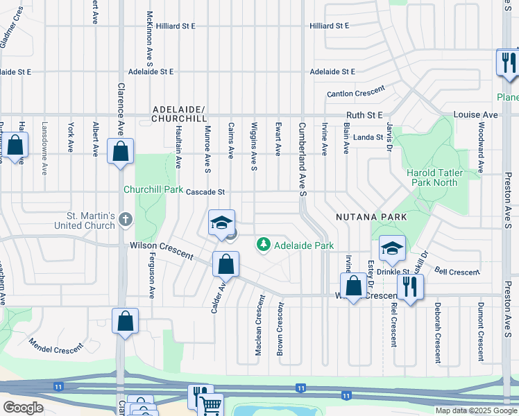 map of restaurants, bars, coffee shops, grocery stores, and more near 1301 Mclorg Street in Saskatoon