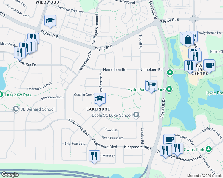 map of restaurants, bars, coffee shops, grocery stores, and more near 115 Brabant Crescent in Saskatoon