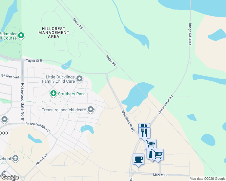 map of restaurants, bars, coffee shops, grocery stores, and more near 2535 Meadows Parkway in Saskatoon