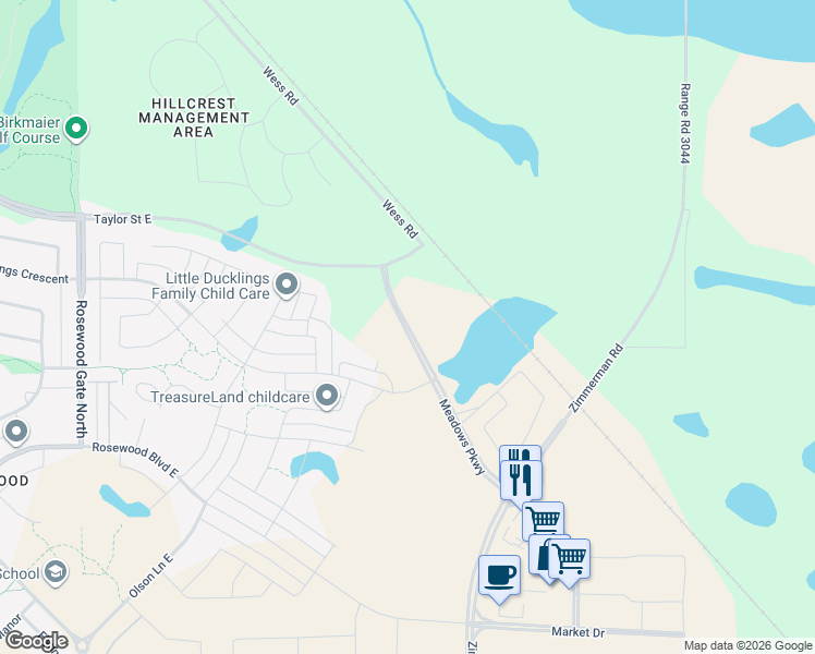 map of restaurants, bars, coffee shops, grocery stores, and more near 2535 Meadows Parkway in Saskatoon