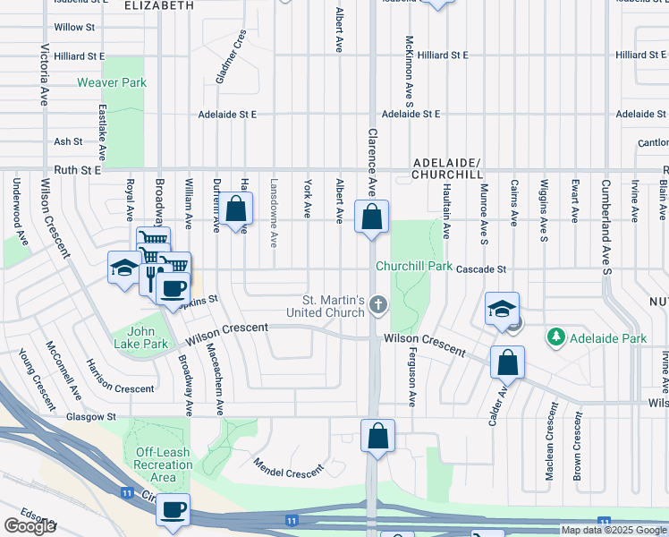 map of restaurants, bars, coffee shops, grocery stores, and more near Cascade Street in Saskatoon