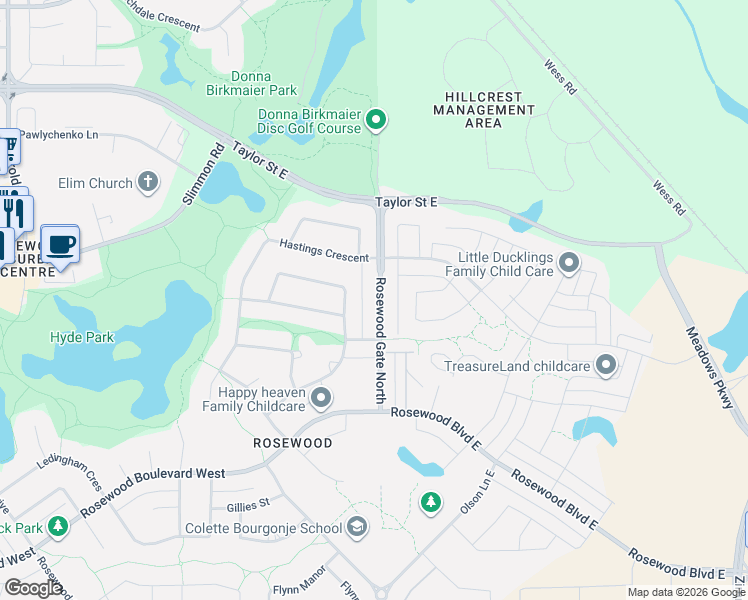 map of restaurants, bars, coffee shops, grocery stores, and more near 7 Rosewood Gate North in Saskatoon
