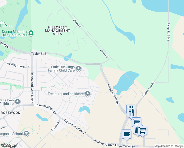 map of restaurants, bars, coffee shops, grocery stores, and more near 2502 Meadows Parkway in Saskatoon