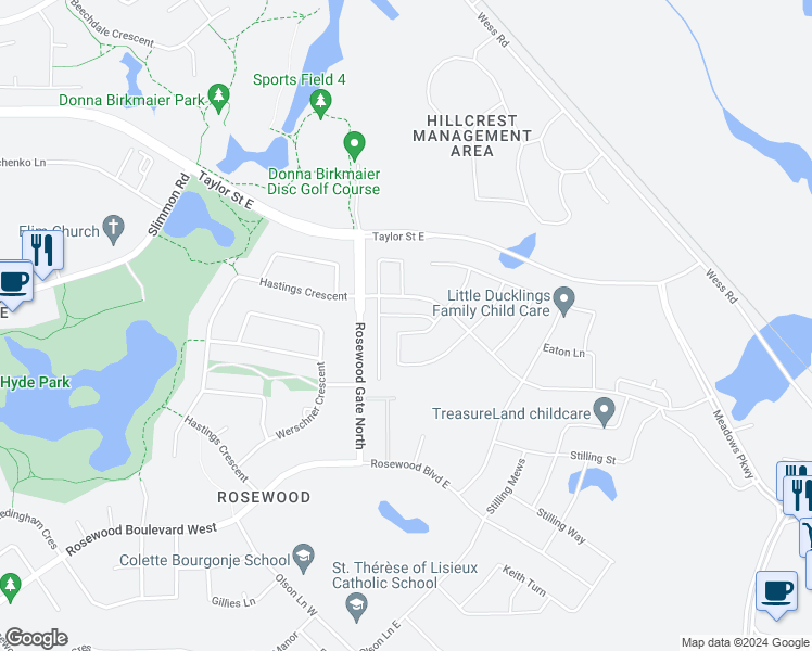 map of restaurants, bars, coffee shops, grocery stores, and more near 114 Sinclair Crescent in Saskatoon