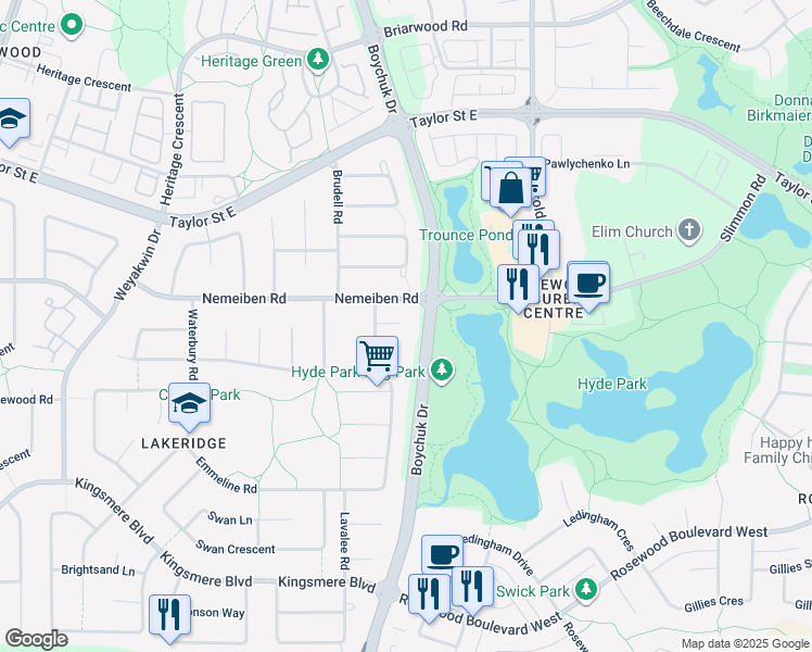map of restaurants, bars, coffee shops, grocery stores, and more near 1218 Emmeline Court in Saskatoon