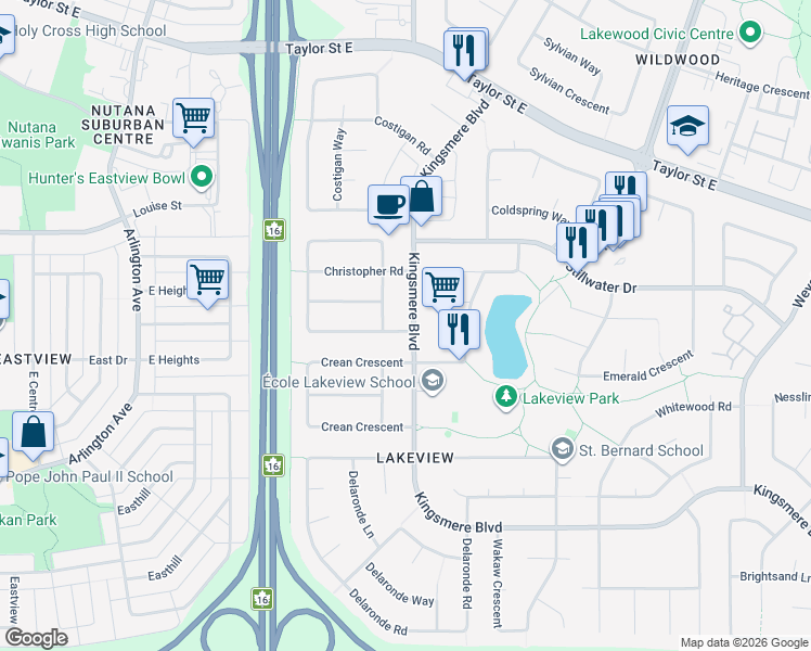 map of restaurants, bars, coffee shops, grocery stores, and more near 466 Kingsmere Boulevard in Saskatoon